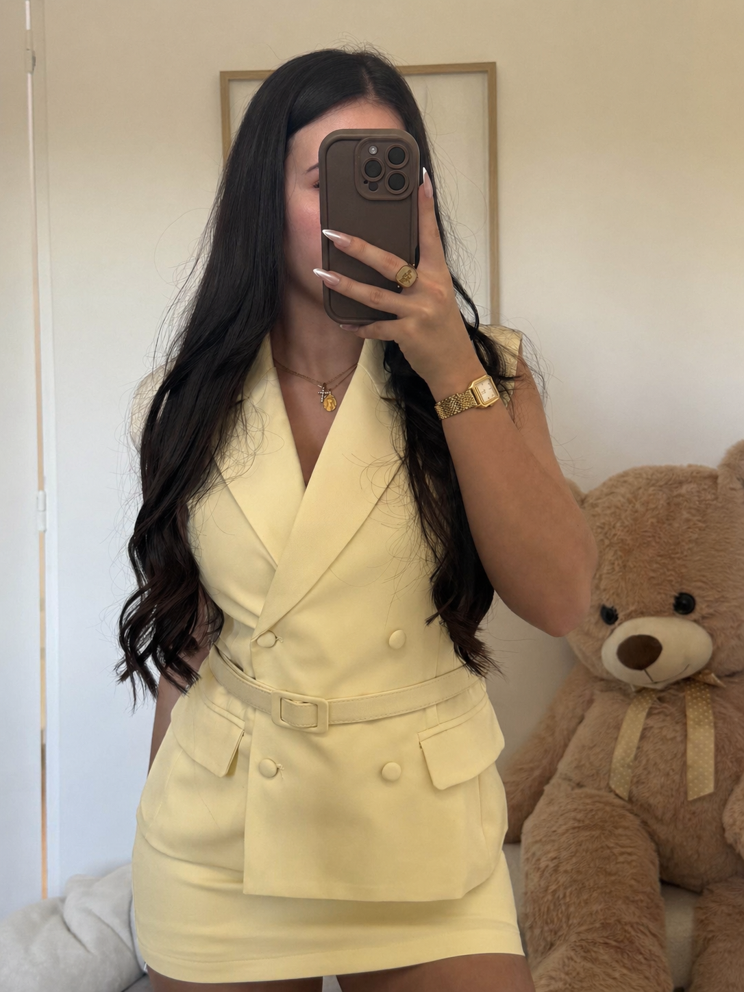 ENSEMBLE "NAÏA" BLAZER CEINTRÉ JUPE JAUNE PASTEL