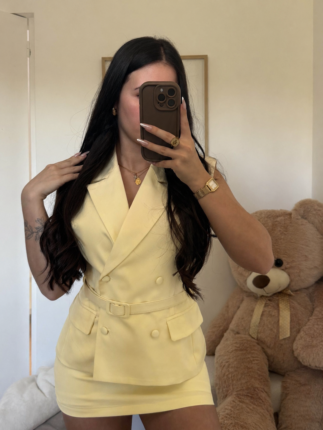 ENSEMBLE "NAÏA" BLAZER CEINTRÉ JUPE JAUNE PASTEL