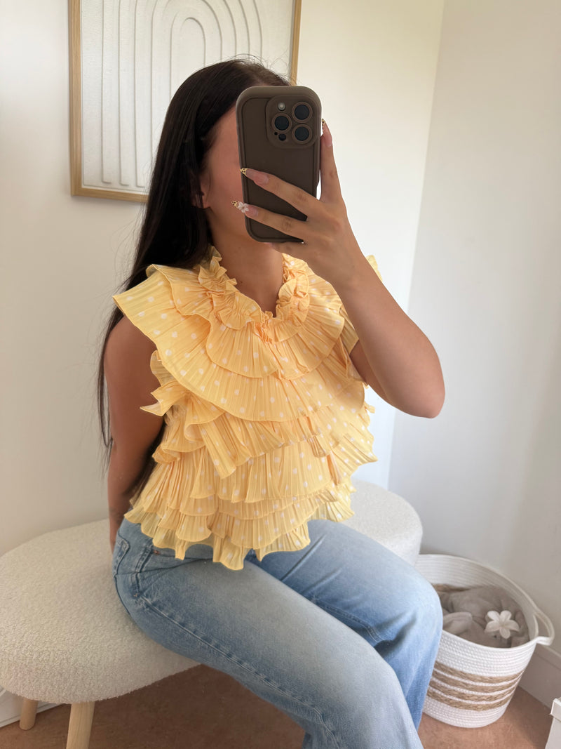 Top "Janaa" à Volant en Pois Jaune Pastel