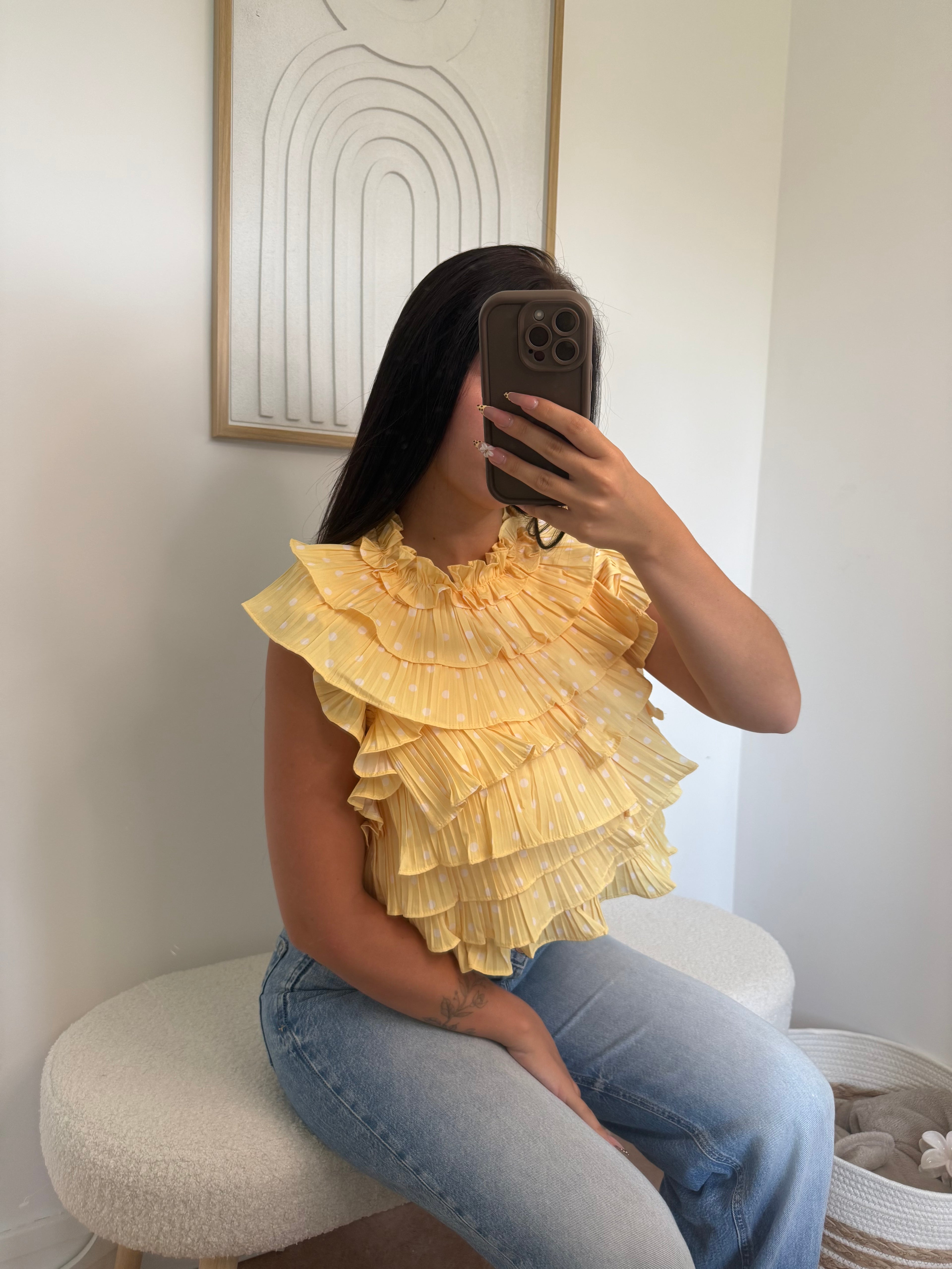 Top "Janaa" à Volant en Pois Jaune Pastel