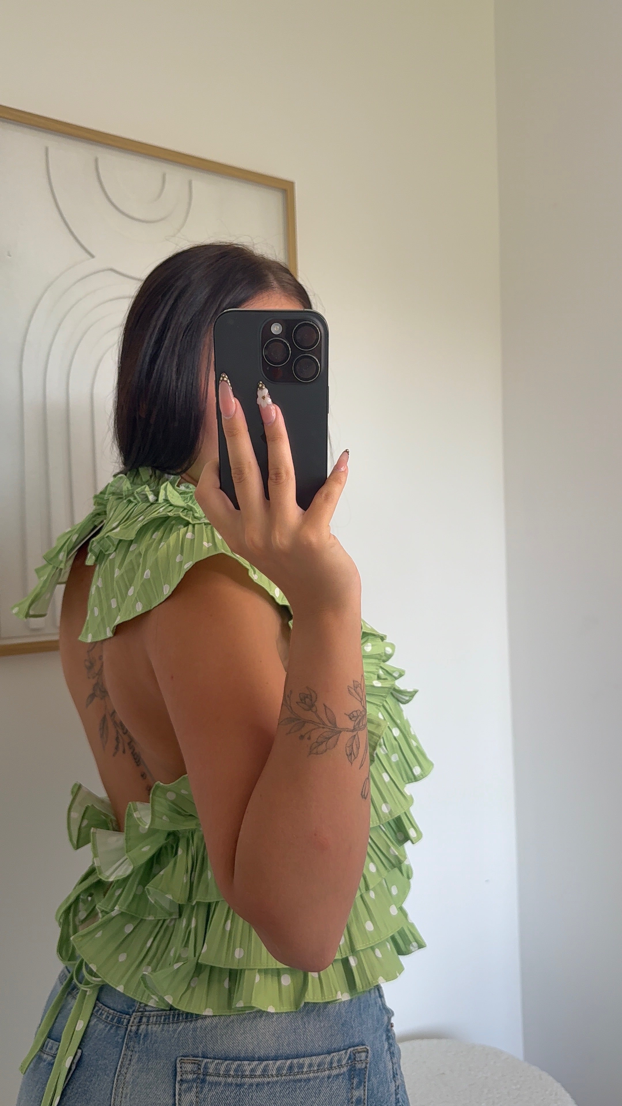 Top "Janaa" à Volant en Pois Vert Pastel