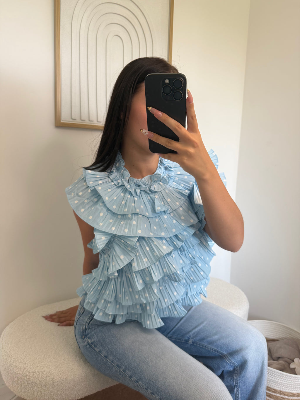 Top "Janaa" à Volant en Pois Bleu Pastel
