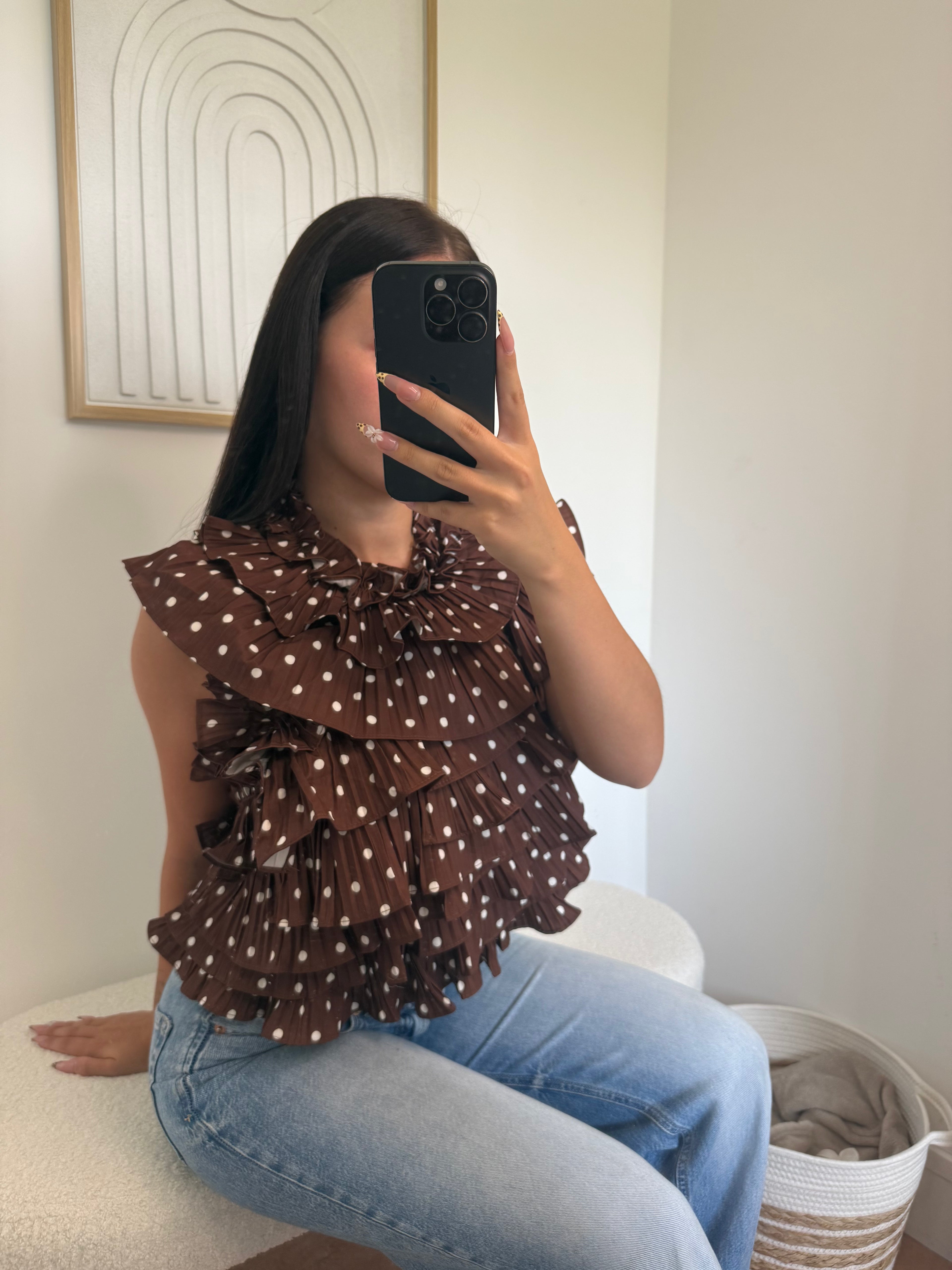 Top "Janaa" à Volant en Pois Marron Pastel