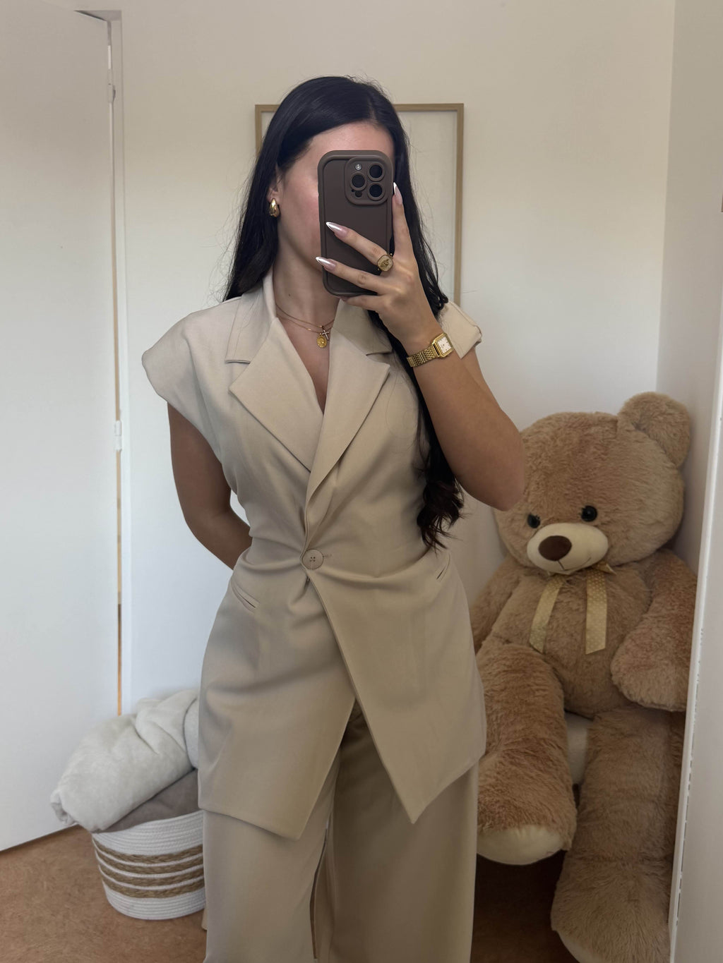 Ensemble "Yuna" Blazer ceintré Pantalon Chic Large Beige