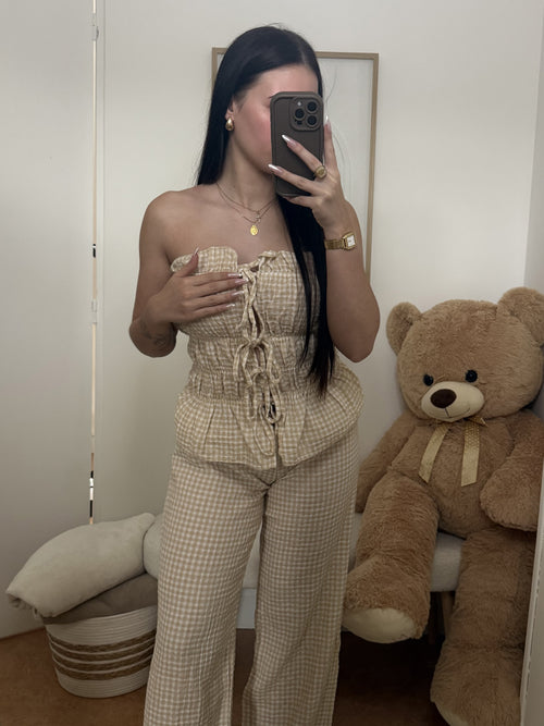 Ensemble "Lya" Vichy Beige Pantalon Chic Large